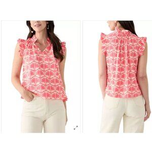 NWT Crown & Ivy Coral Ginko Printed V-Neck Ruffle Sleeve Blouse Size Large